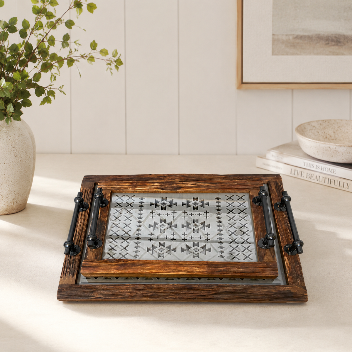 The Hawthorne™ Vintage-Inspired Wood & Glass Tray Set