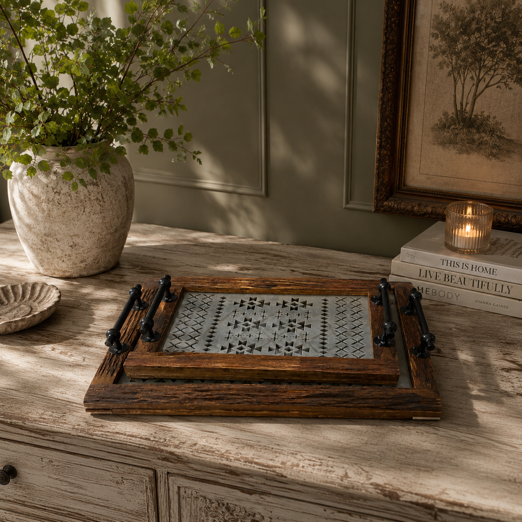 The Hawthorne™ Vintage-Inspired Wood & Glass Tray Set
